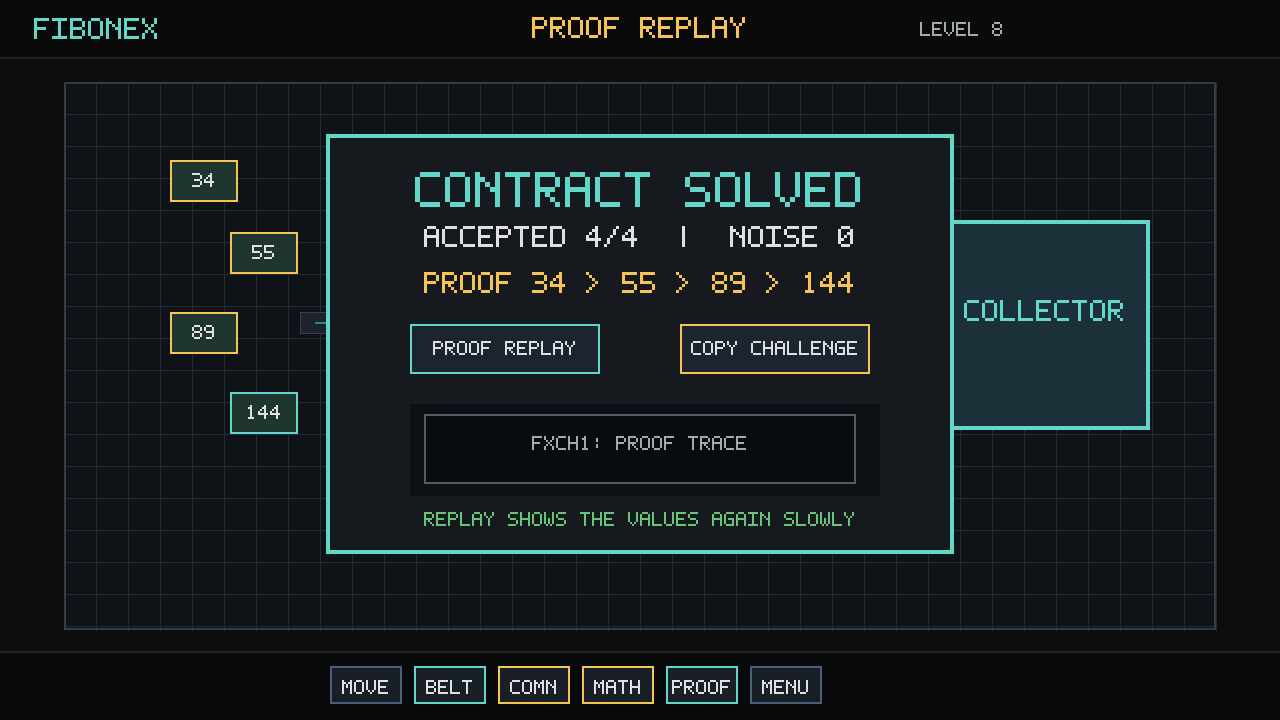 Example: solved Contract with Proof 34, 55, 89, 144 and a Challenge code