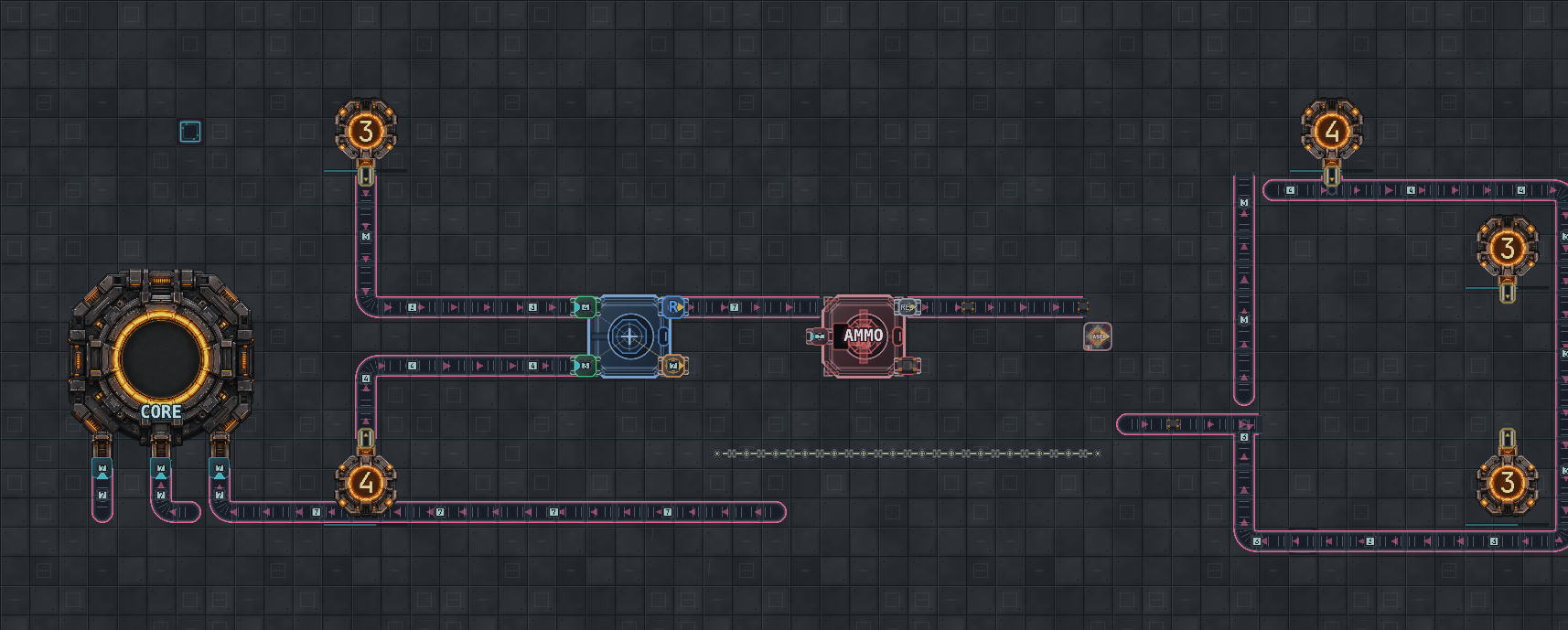 A real Fibonex Math Wars factory where glowing 3 and 4 miners feed MATH and AMMO machines, a loaded defense tower, the Collector Core, and a connected Belt network.