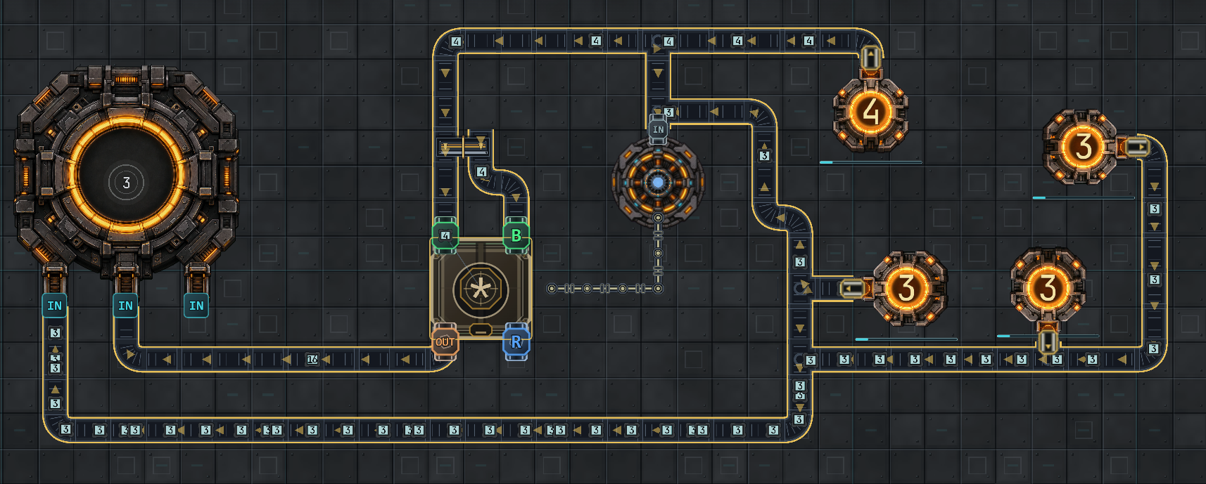 An original in-game Fibonex factory with the Collector, a MATH machine, glowing 3 and 4 number sources, and a connected Belt network.